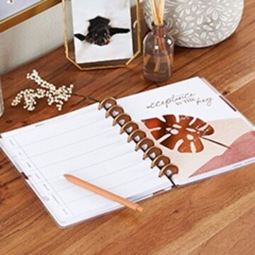 An open planner with a pen rested on it sitting on a wood desk